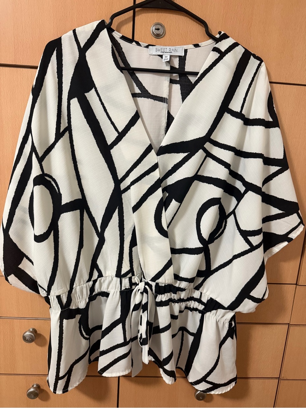 Sweet Rain Black & White Abstract Print Kimono Blouse Top Size 3X